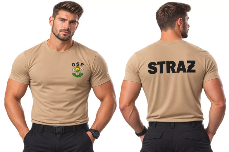 Koszulka męska z krótkim rękawem z haftem logo na sercu i plecach kolor piaskowy (1).webp