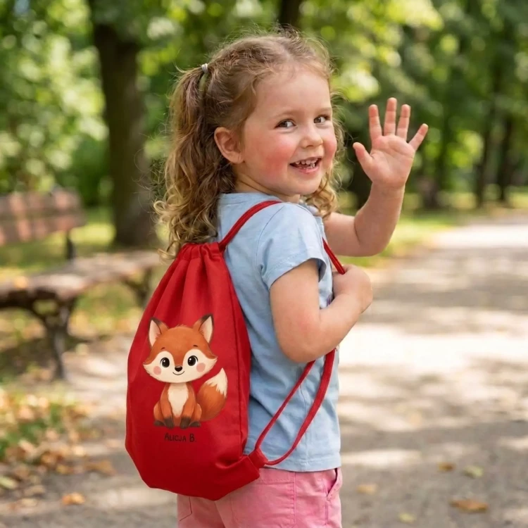 PERSONALIZOWANY WORKOPLECAK LISEK DLA DZIECKA DO ŻŁOBKA PRZEDSZKOLA CZERWONY (2).webp