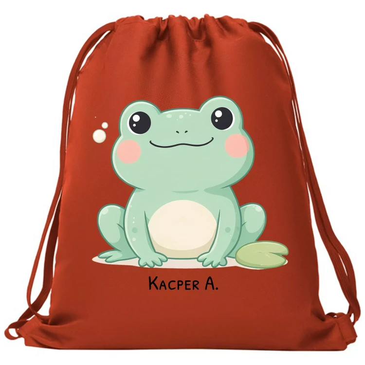 PLECAK WOREK PERSONALIZOWANY ŻABKA DO PRZEDSZKOLA NA KAPCIE CZERWONY (2).webp