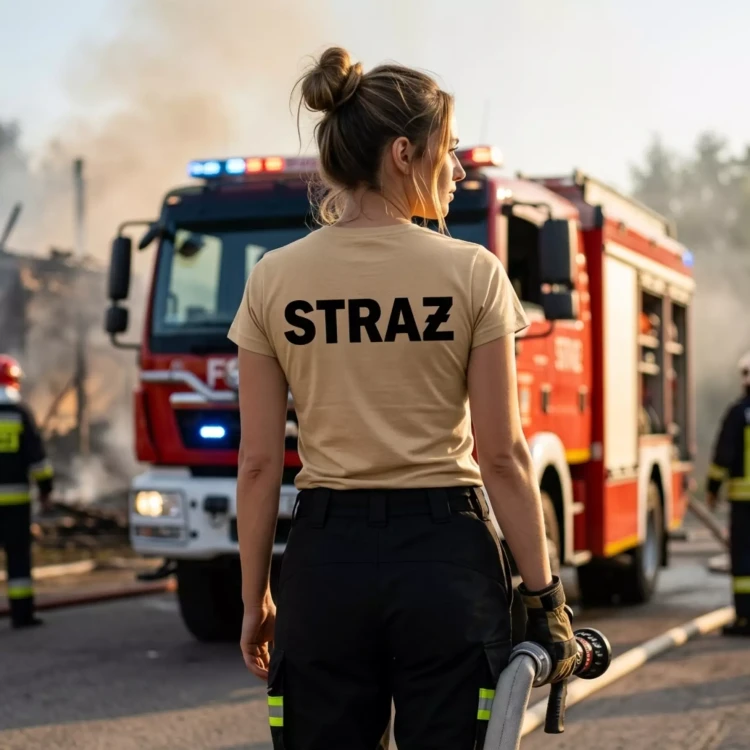 Koszulka damska z krótkim rękawem z NAPISEM na sercu i plecach Koszulka strażacka damska z NADRUKIEM Straż Pożarna Koszulka STRAŻY Polska (24).webp
