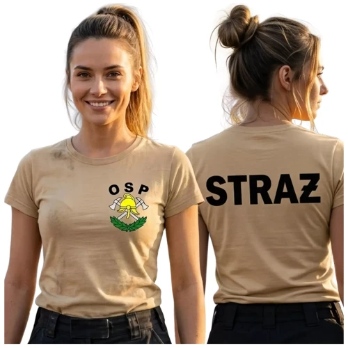 Koszulka damska z krótkim rękawem z LOGO OSP na sercu i napisem STRAŻ plecach Koszulka strażacka damska Straż Pożarna OSP STRAŻY Polska PIASKOWY (1).webp