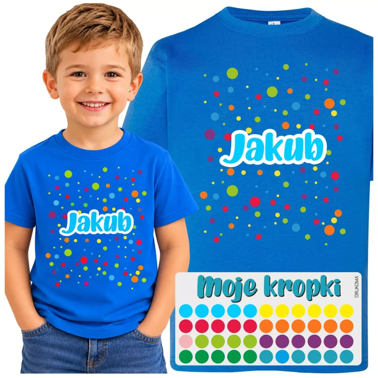 Koszulka dziecięca na Dzień Kropki z własnym imieniem zestaw z naklejkami – kolor chabrowy  (2).webp