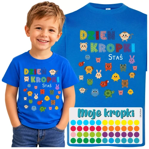 Koszulka dziecięca na Dzień Kropki z własnym imieniem zestaw z naklejkami kolor chabrowy (6).webp