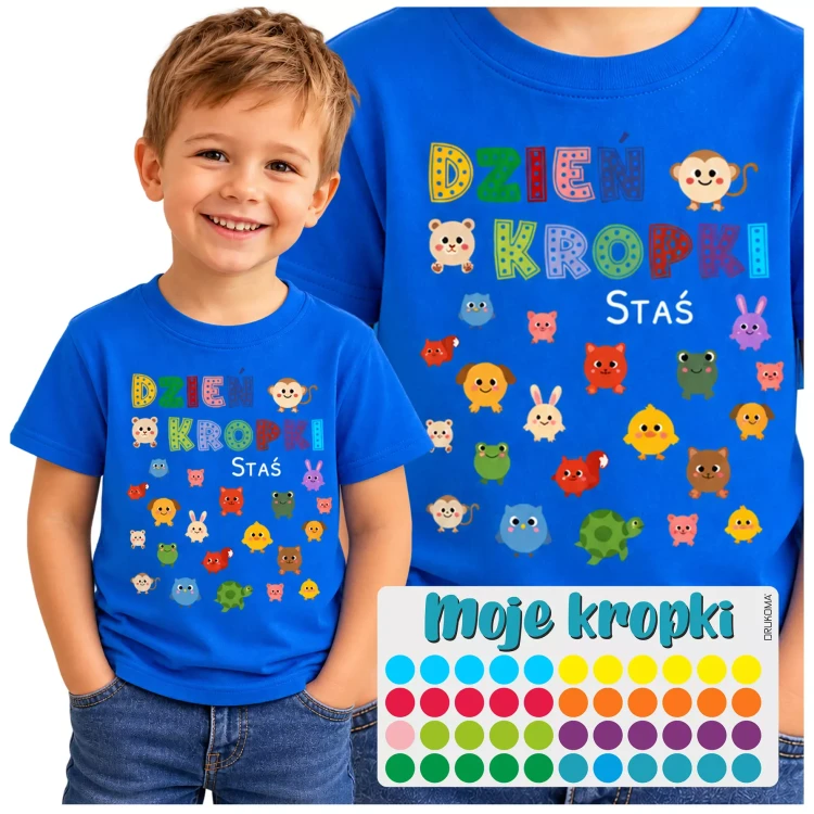 Koszulka dziecięca na Dzień Kropki z własnym imieniem zestaw z naklejkami kolor chabrowy (5).webp