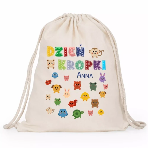 WOREK PLECAK KROPKI Z IMIENIEM DZIECKA DO SZKOŁY PRZEDSZKOLA BEŻOWY.webp