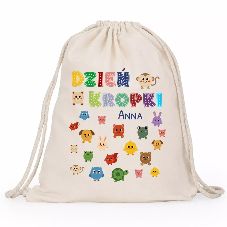 WOREK PLECAK KROPKI Z IMIENIEM DZIECKA DO SZKOŁY PRZEDSZKOLA BEŻOWY.webp