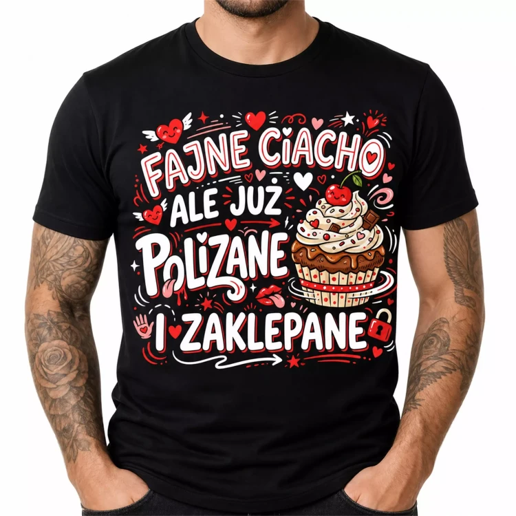 Koszulka dla Chłopaka prezent na Walentynki lub Urodziny koszulka z napisem „FAJNE CIACHO, ALE JUŻ POLIZANE I ZAKLEPANE” (4).webp