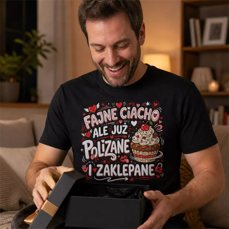 Koszulka dla Chłopaka prezent na Walentynki lub Urodziny koszulka z napisem „FAJNE CIACHO, ALE JUŻ POLIZANE I ZAKLEPANE” (9).webp