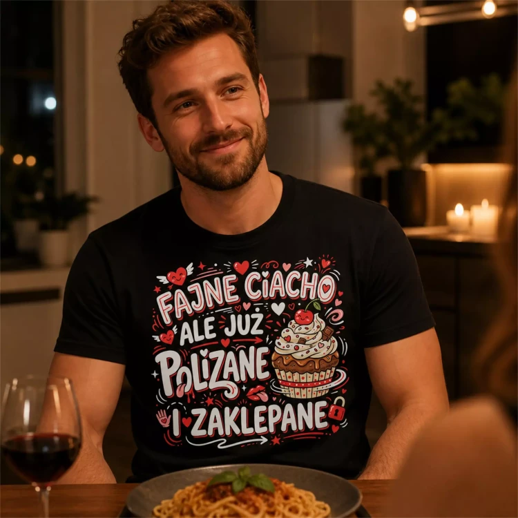Koszulka dla Chłopaka prezent na Walentynki lub Urodziny koszulka z napisem „FAJNE CIACHO, ALE JUŻ POLIZANE I ZAKLEPANE” (10).webp
