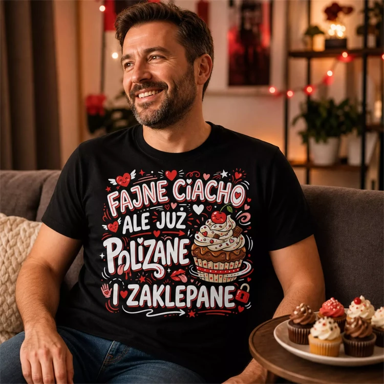Koszulka dla Chłopaka prezent na Walentynki lub Urodziny koszulka z napisem „FAJNE CIACHO, ALE JUŻ POLIZANE I ZAKLEPANE” (13).webp