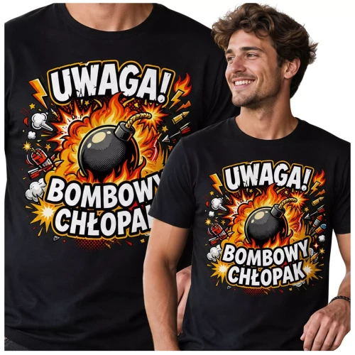 Koszulka dla Chłopaka prezent na Walentynki lub Urodziny koszulka z napisem „UWAGA BOMBOWY CHŁOPAK” (1).webp