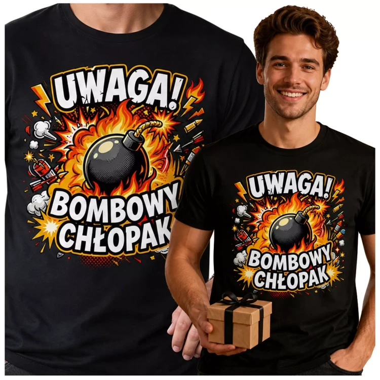 Koszulka dla Chłopaka prezent na Walentynki lub Urodziny koszulka z napisem „UWAGA BOMBOWY CHŁOPAK” (3).webp
