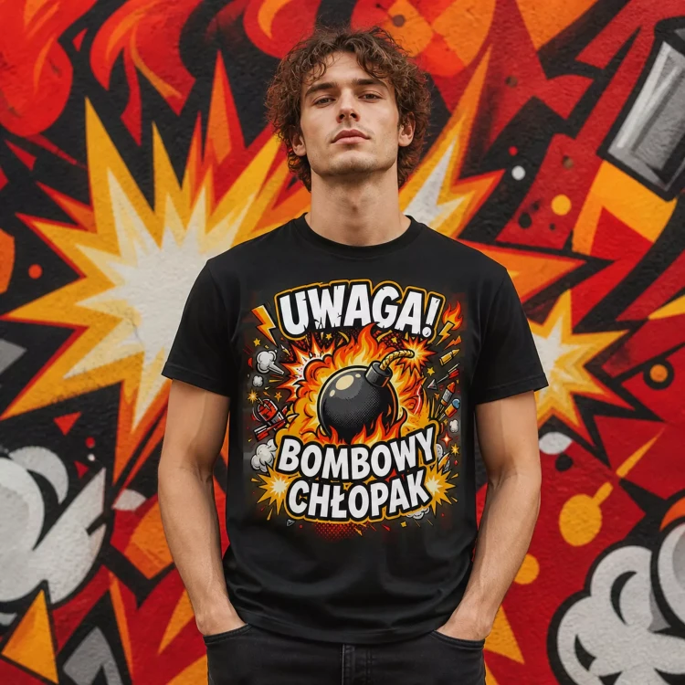 Koszulka dla Chłopaka prezent na Walentynki lub Urodziny koszulka z napisem „UWAGA BOMBOWY CHŁOPAK” (6).webp