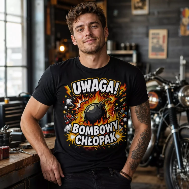 Koszulka dla Chłopaka prezent na Walentynki lub Urodziny koszulka z napisem „UWAGA BOMBOWY CHŁOPAK” (9).webp