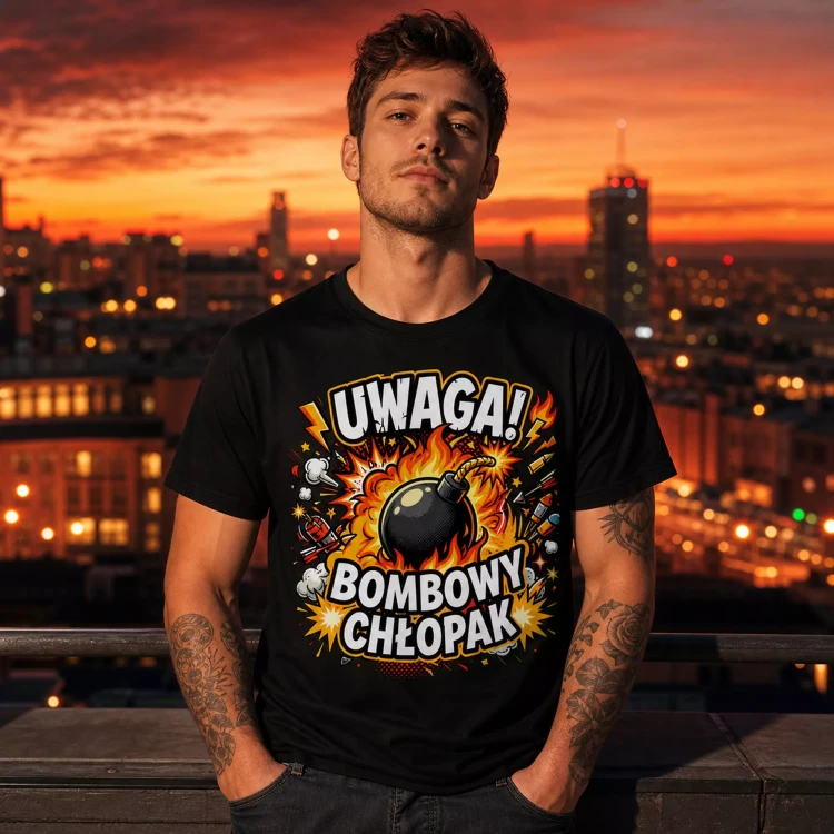 Koszulka dla Chłopaka prezent na Walentynki lub Urodziny koszulka z napisem „UWAGA BOMBOWY CHŁOPAK” (12).webp