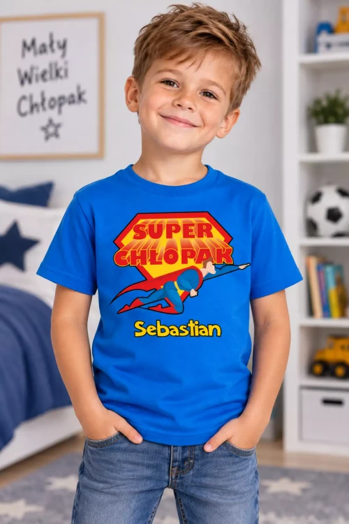 Koszulka dziecięca Z NAPISEM SUPER CHŁOPAK I WŁASNYM IMIENIEM kolor chabrowy (7).webp