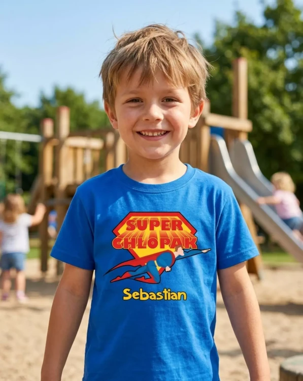 Koszulka dziecięca Z NAPISEM SUPER CHŁOPAK I WŁASNYM IMIENIEM kolor chabrowy (12).webp
