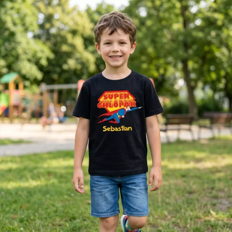 Koszulka dziecięca Z NAPISEM SUPER CHŁOPAK I WŁASNYM IMIENIEM kolor czarny (8).webp