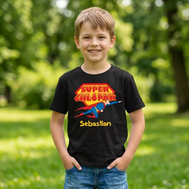 Koszulka dziecięca Z NAPISEM SUPER CHŁOPAK I WŁASNYM IMIENIEM kolor czarny (9).webp