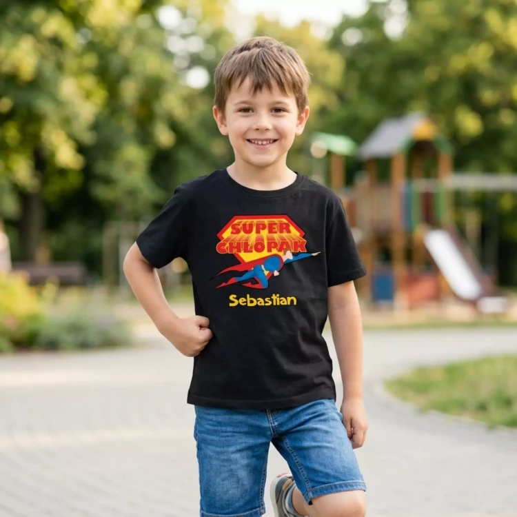Koszulka dziecięca Z NAPISEM SUPER CHŁOPAK I WŁASNYM IMIENIEM kolor czarny (10).webp
