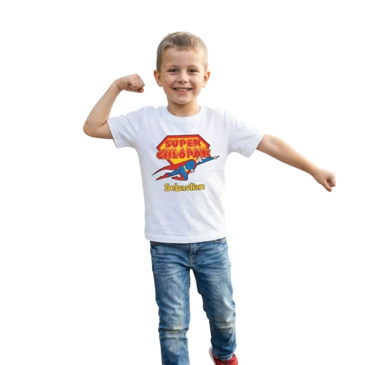 Koszulka dziecięca Z NAPISEM SUPER CHŁOPAK I WŁASNYM IMIENIEM kolor biały (5).webp