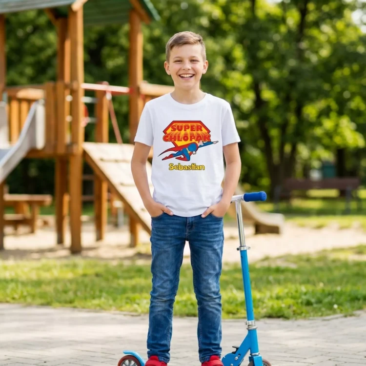 Koszulka dziecięca Z NAPISEM SUPER CHŁOPAK I WŁASNYM IMIENIEM kolor biały (6).webp