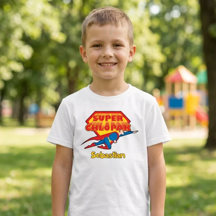 Koszulka dziecięca Z NAPISEM SUPER CHŁOPAK I WŁASNYM IMIENIEM kolor biały (9).webp