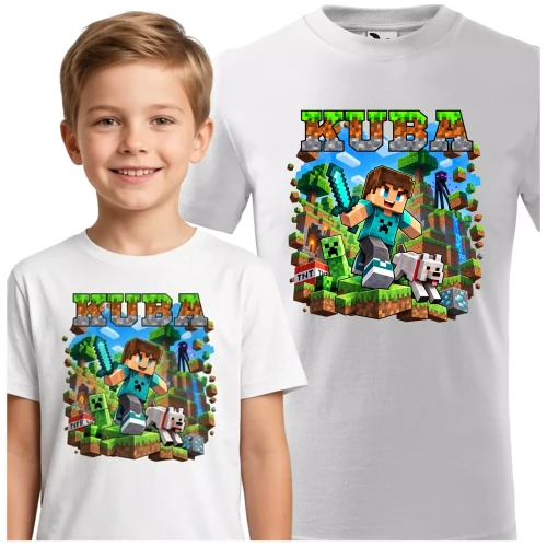 Koszulka dziecięca Z MINECRAFTEM I WŁASNYM IMIENIEM kolor biały (5).webp