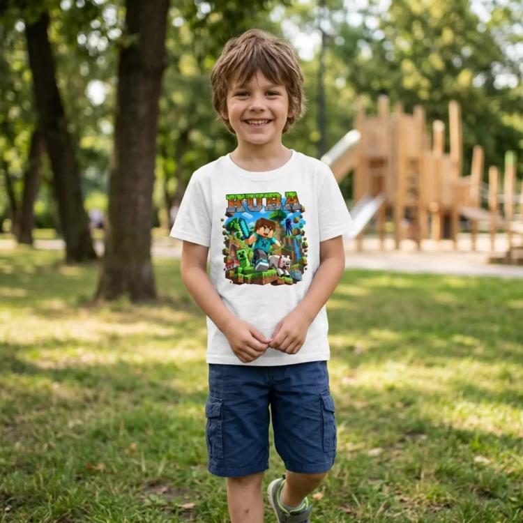 Koszulka dziecięca Z MINECRAFTEM I WŁASNYM IMIENIEM kolor biały (7).webp