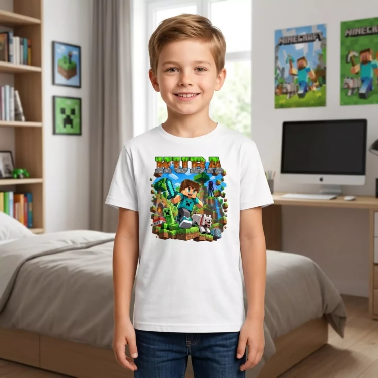 Koszulka dziecięca Z MINECRAFTEM I WŁASNYM IMIENIEM kolor biały (10).webp