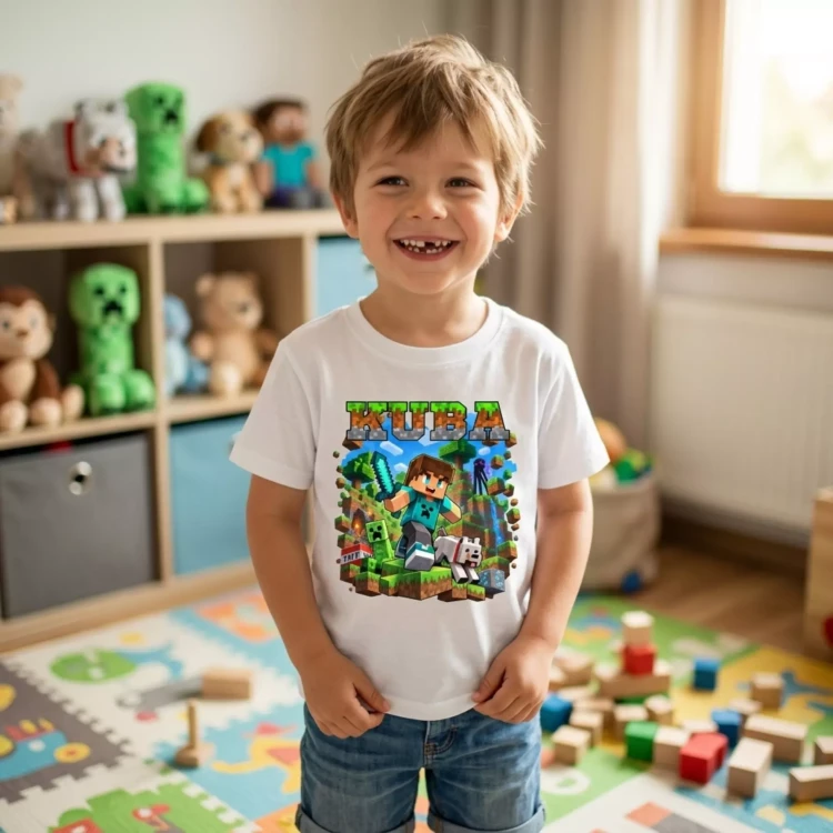 Koszulka dziecięca Z MINECRAFTEM I WŁASNYM IMIENIEM kolor biały (11).webp