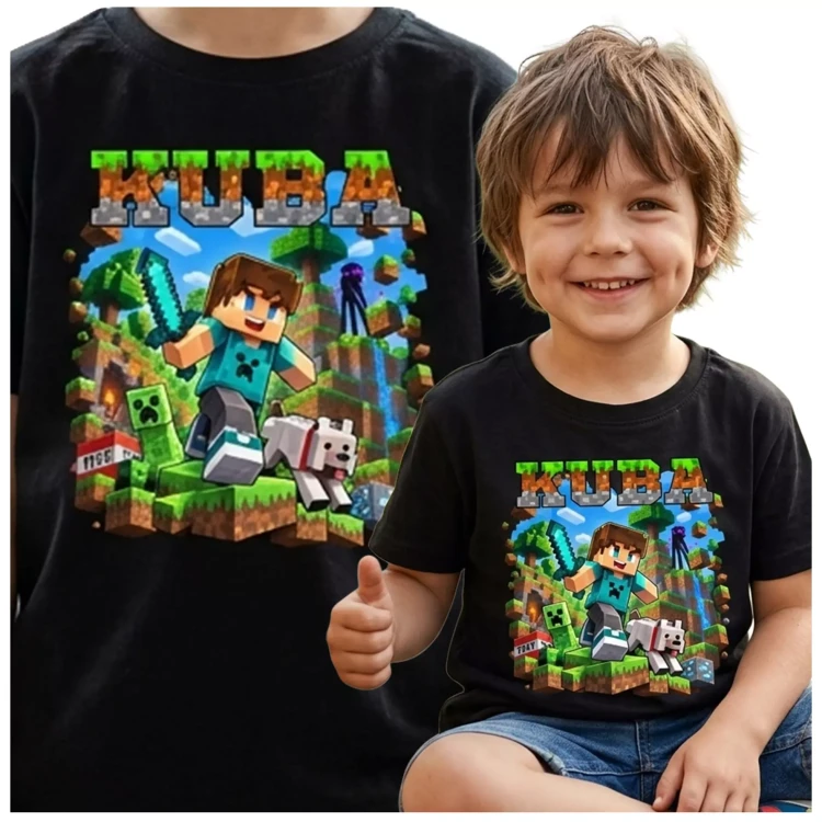 Koszulka dziecięca Z MINECRAFTEM I WŁASNYM IMIENIEM kolor czarny (5).webp