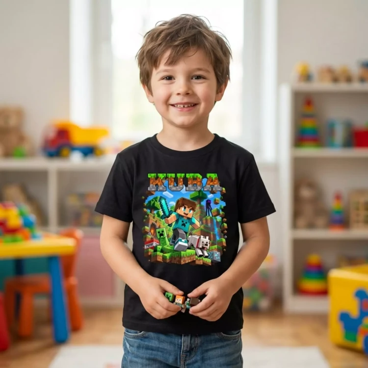 Koszulka dziecięca Z MINECRAFTEM I WŁASNYM IMIENIEM kolor czarny (8).webp