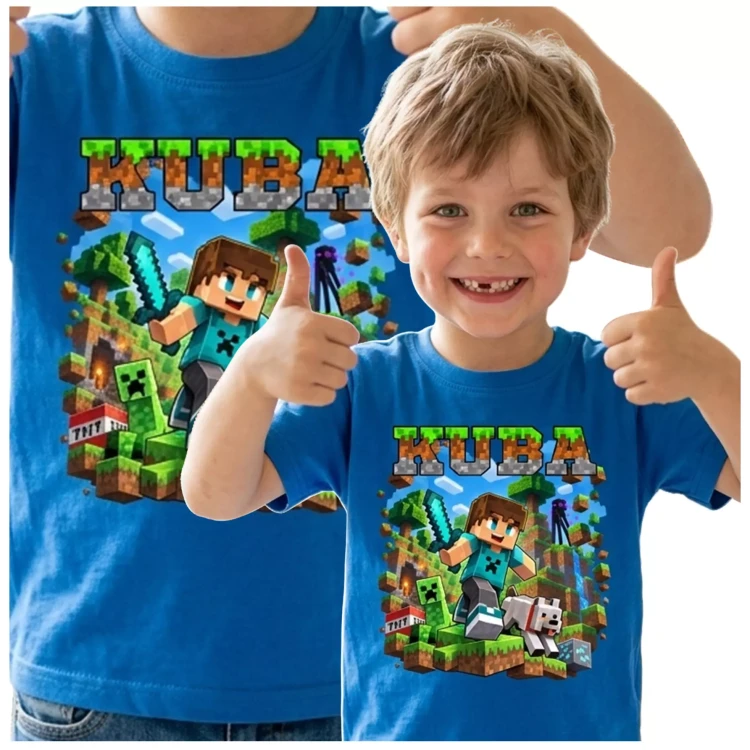 Koszulka dziecięca Z MINECRAFTEM I WŁASNYM IMIENIEM kolor CHABROWY (4).webp