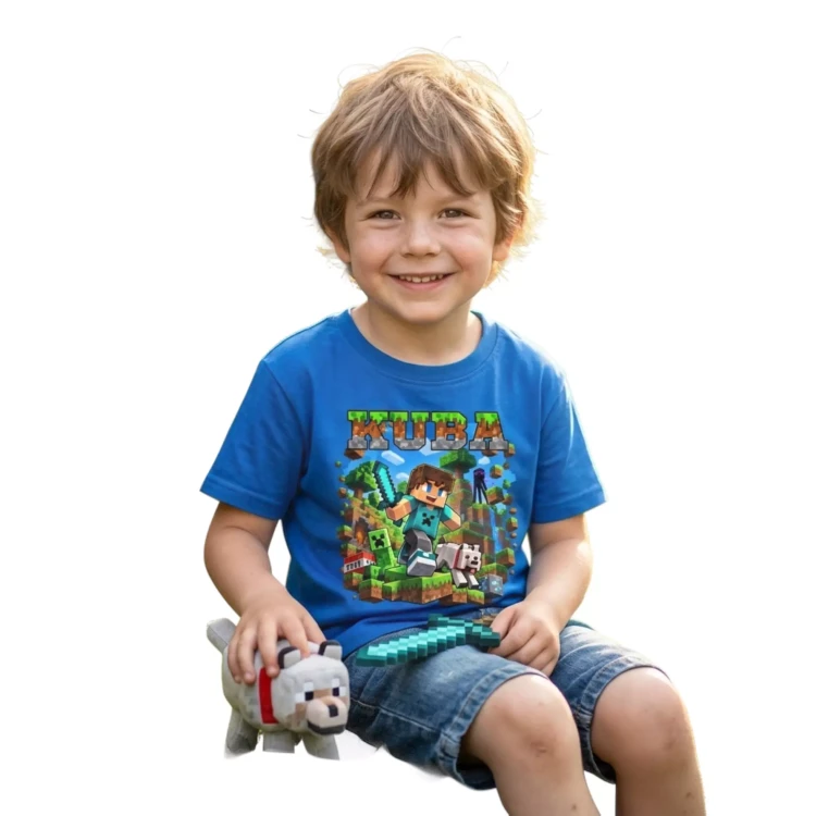 Koszulka dziecięca Z MINECRAFTEM I WŁASNYM IMIENIEM kolor CHABROWY (5).webp