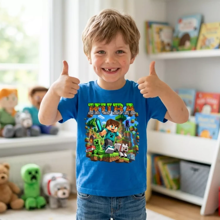 Koszulka dziecięca Z MINECRAFTEM I WŁASNYM IMIENIEM kolor CHABROWY (7).webp