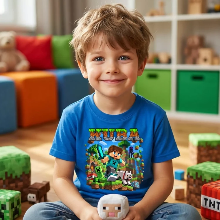 Koszulka dziecięca Z MINECRAFTEM I WŁASNYM IMIENIEM kolor CHABROWY (8).webp
