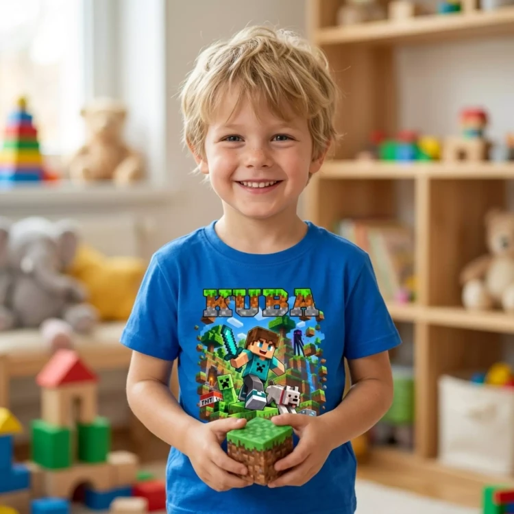Koszulka dziecięca Z MINECRAFTEM I WŁASNYM IMIENIEM kolor CHABROWY (9).webp
