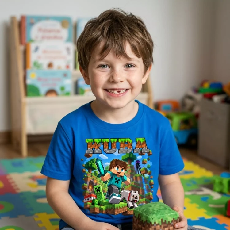 Koszulka dziecięca Z MINECRAFTEM I WŁASNYM IMIENIEM kolor CHABROWY (10).webp