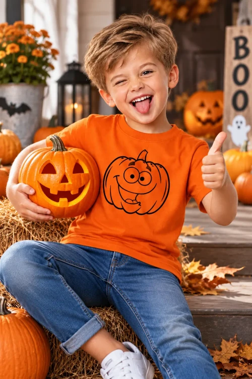 Wesoły chłopiec z dynią na Halloween.webp