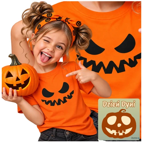 Koszulka – w kolorze pomarańczowym – na halloween ze strasznym uśmiechem koszulka – prezent na Dzień Dziecka (1).webp