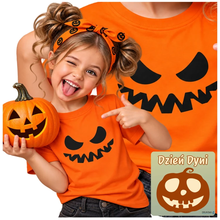 Koszulka – w kolorze pomarańczowym – na halloween ze strasznym uśmiechem koszulka – prezent na Dzień Dziecka (1).webp