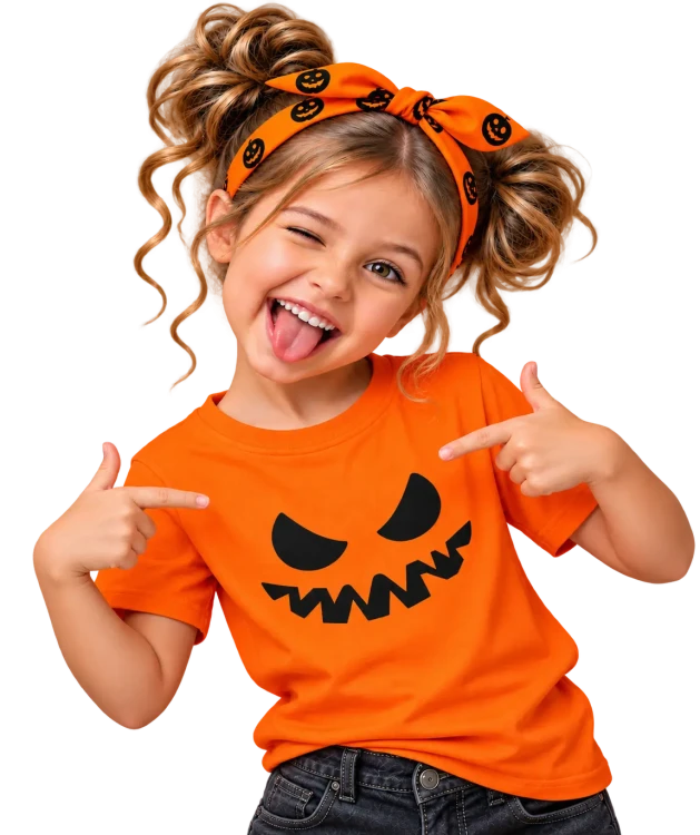 Wesoła dziewczynka w halloweenowej koszulce.webp