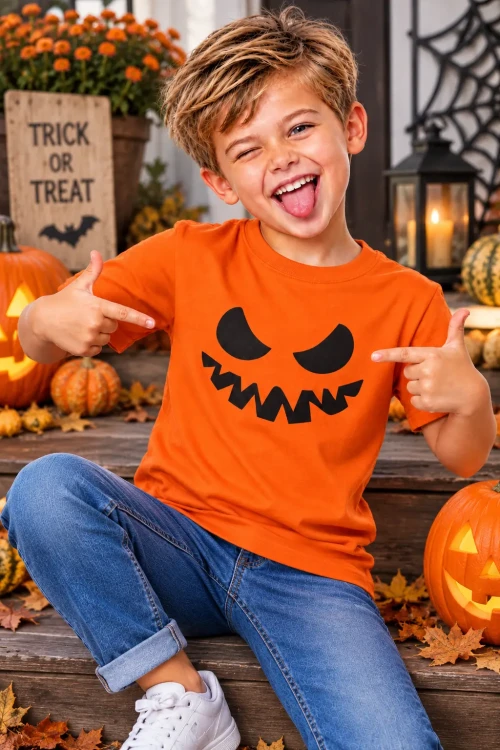 Psotliwy chłopiec w halloweenowej scenerii.webp