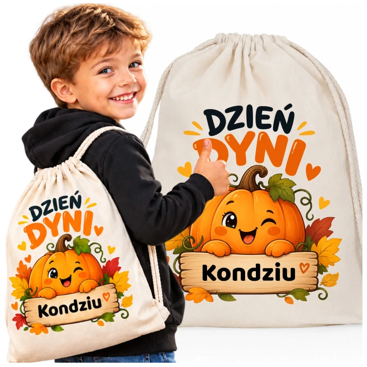 WOREK PLECAK NA DZIEŃ DYNI Z IMIENIEM DZIECKA DO SZKOŁY PRZEDSZKOLA BEŻOWY (1).webp