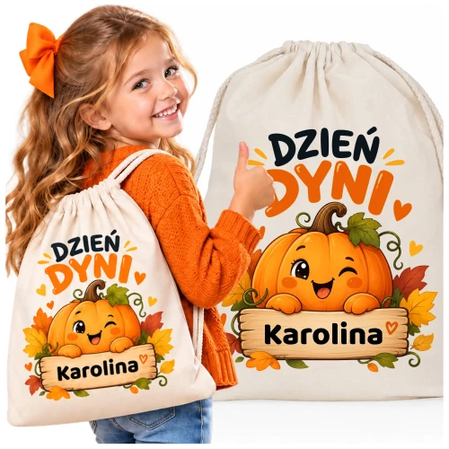 WOREK PLECAK NA DZIEŃ DYNI Z IMIENIEM DZIECKA DO SZKOŁY PRZEDSZKOLA BEŻOWY  (2).webp