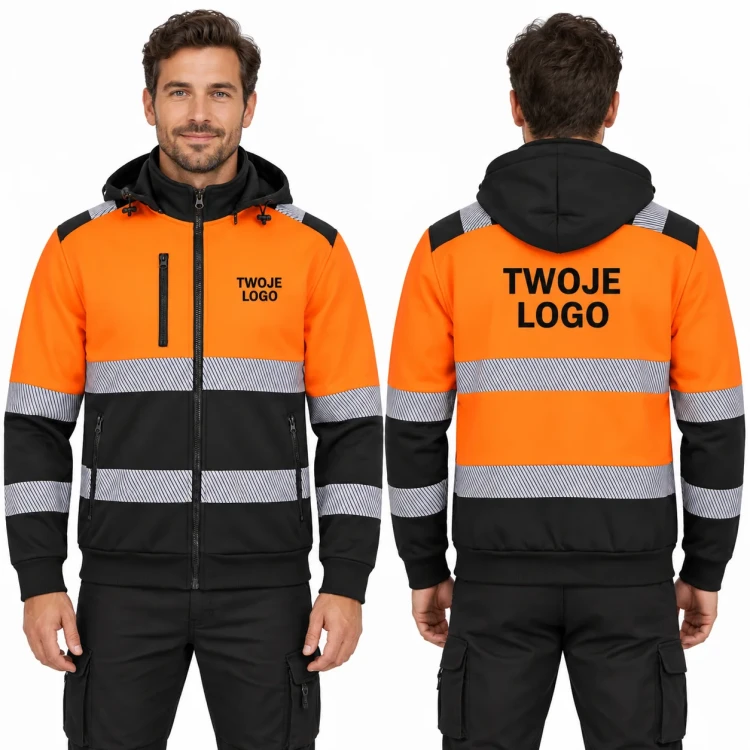 Bluza SWHV450 Orange Fluor / Black na modelu z nadrukiem logo na sercu i plecach