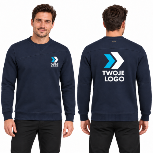 Tricorp Premium Sweater T41 – T8 ink – model, przód i tył, wizualizacja nadruku logo