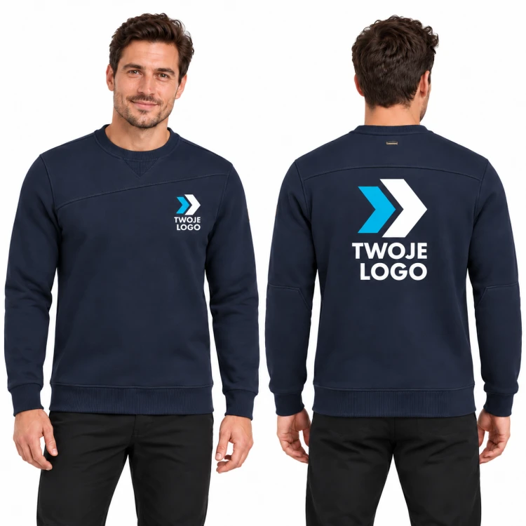 Tricorp Premium Sweater T41 – T8 ink – model, przód i tył, wizualizacja nadruku logo