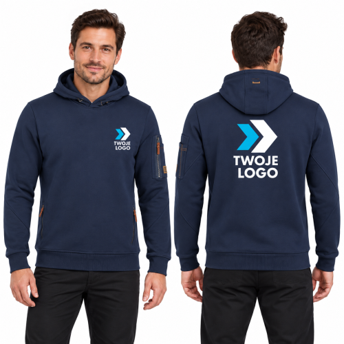 Tricorp Premium Hooded Sweater T42 – T8 ink – model, przód i tył, wizualizacja nadruku logo